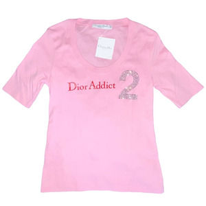 M VTG NWT Christian Dior Addict Rhinestone Logo Scoop Neck Pink Tee Shirt Top